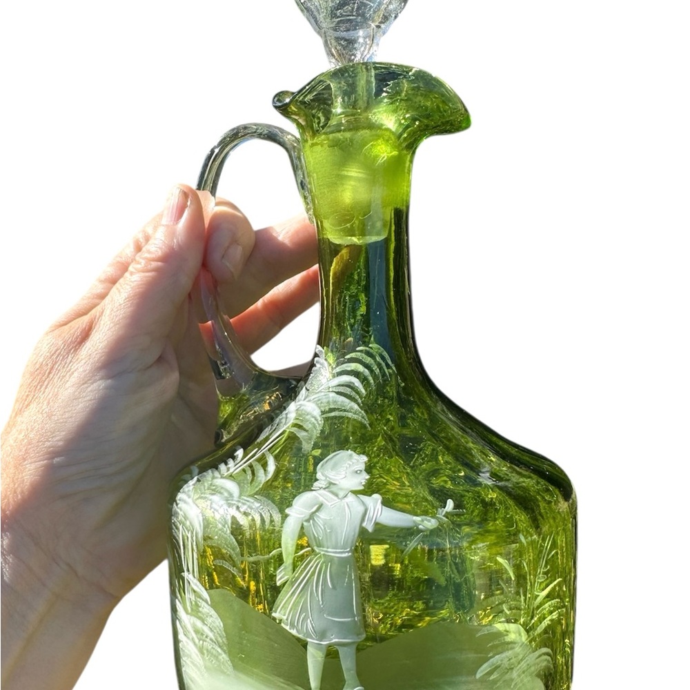 Elegant Antique Mary Gregory Green Decanter